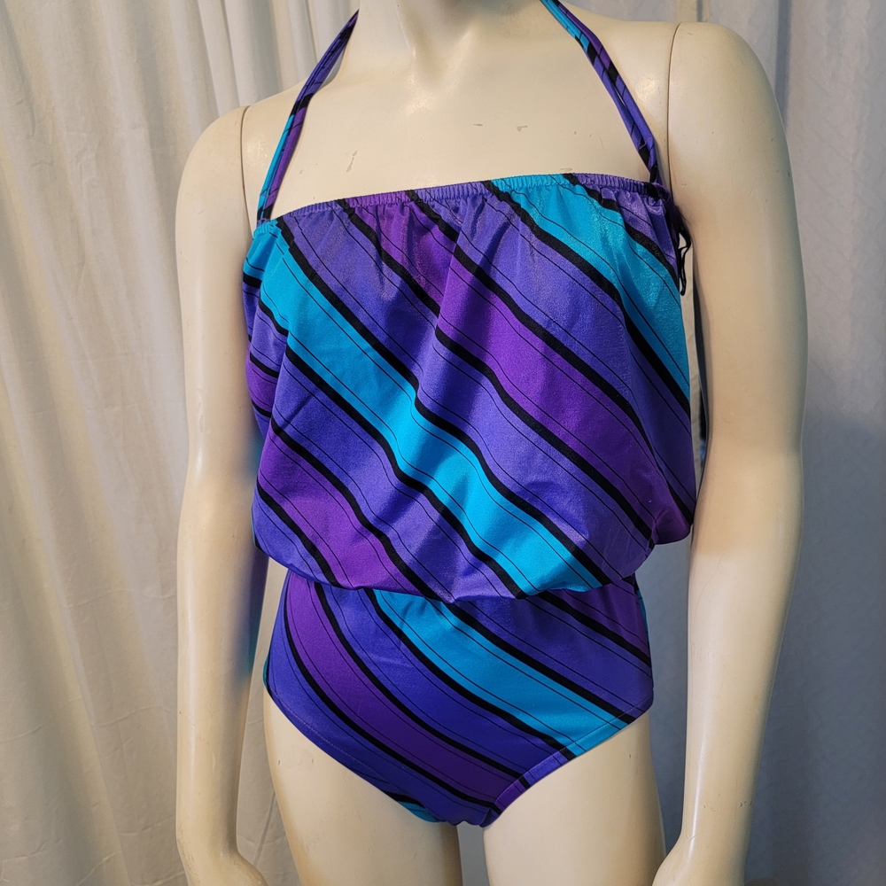 Elegant Women's Purple and‎ Blue Striped One-Piece Swimsuit